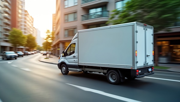 Fast delivery van moves quickly on urban road.