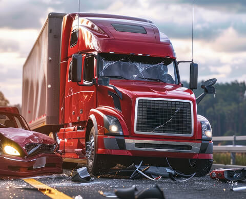 A red truck and red car after colliding in the road with debris scattered around