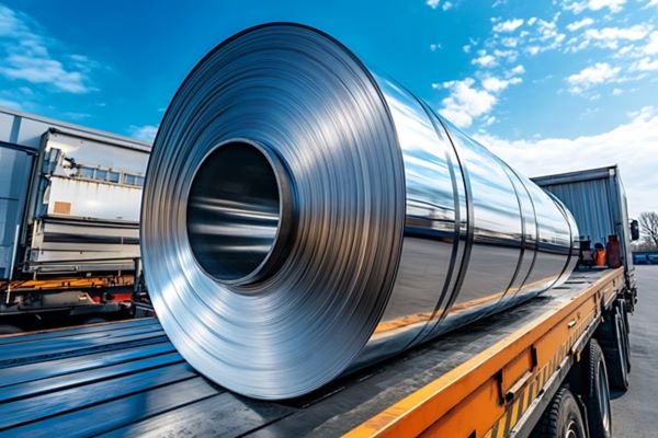 A close-up of a steel coil on a flatbed truck.