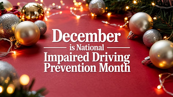 December is national impaired driving prevention month graphic with festive holiday ornaments and twinkling lights. (1820641363)