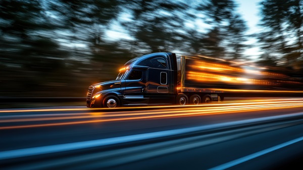 A dark blue semi-truck traveling at high speed on an Alabama highway at night with intense light trails creating a sense of rapid motion. (1790847936)