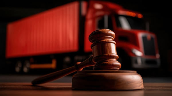 A wooden judge's gavel resting on a sound block in the foreground, with a large, blurred red semi-truck in the background. (1328399639)