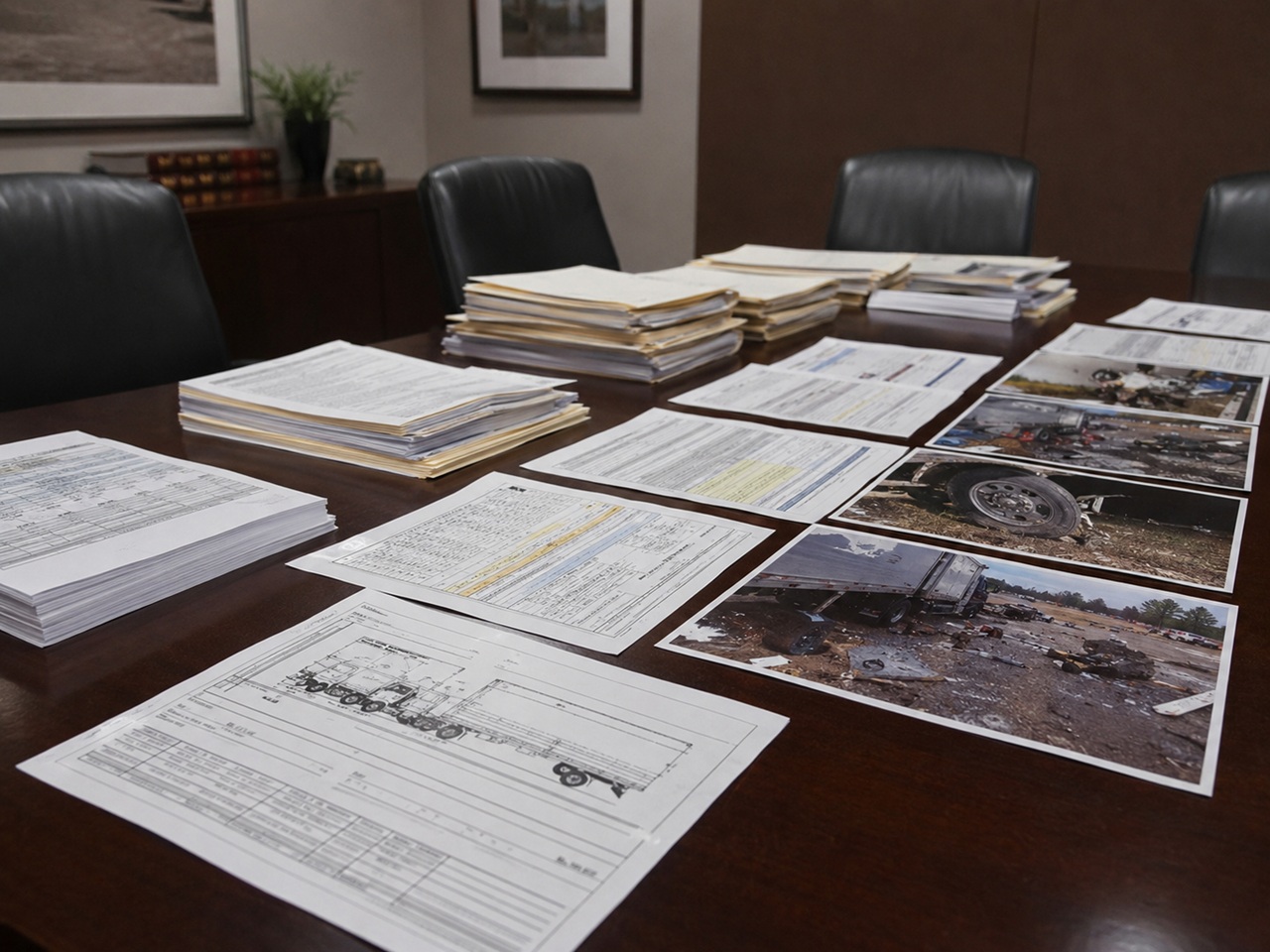 A long wooden conference table in an office setting holds multiple stacks of legal case files, printed documents with highlighted text, a technical schematic drawing of a semi-truck, and several large photographs showing severe truck accident scenes and damaged vehicle parts.