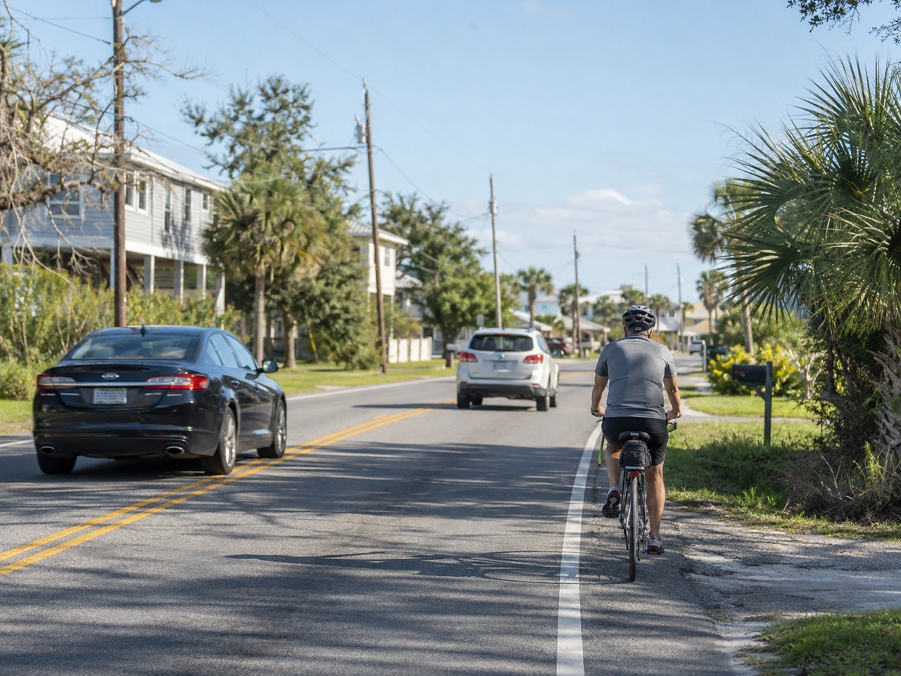 A cyclist wearing a helmet rides along the shoulder of a coastal road as a black sedan and a white SUV drive past in the opposing lane, representing shared road hazards, bicycle accidents, and the impact of Alabama's strict contributory negligence laws on personal injury claims.