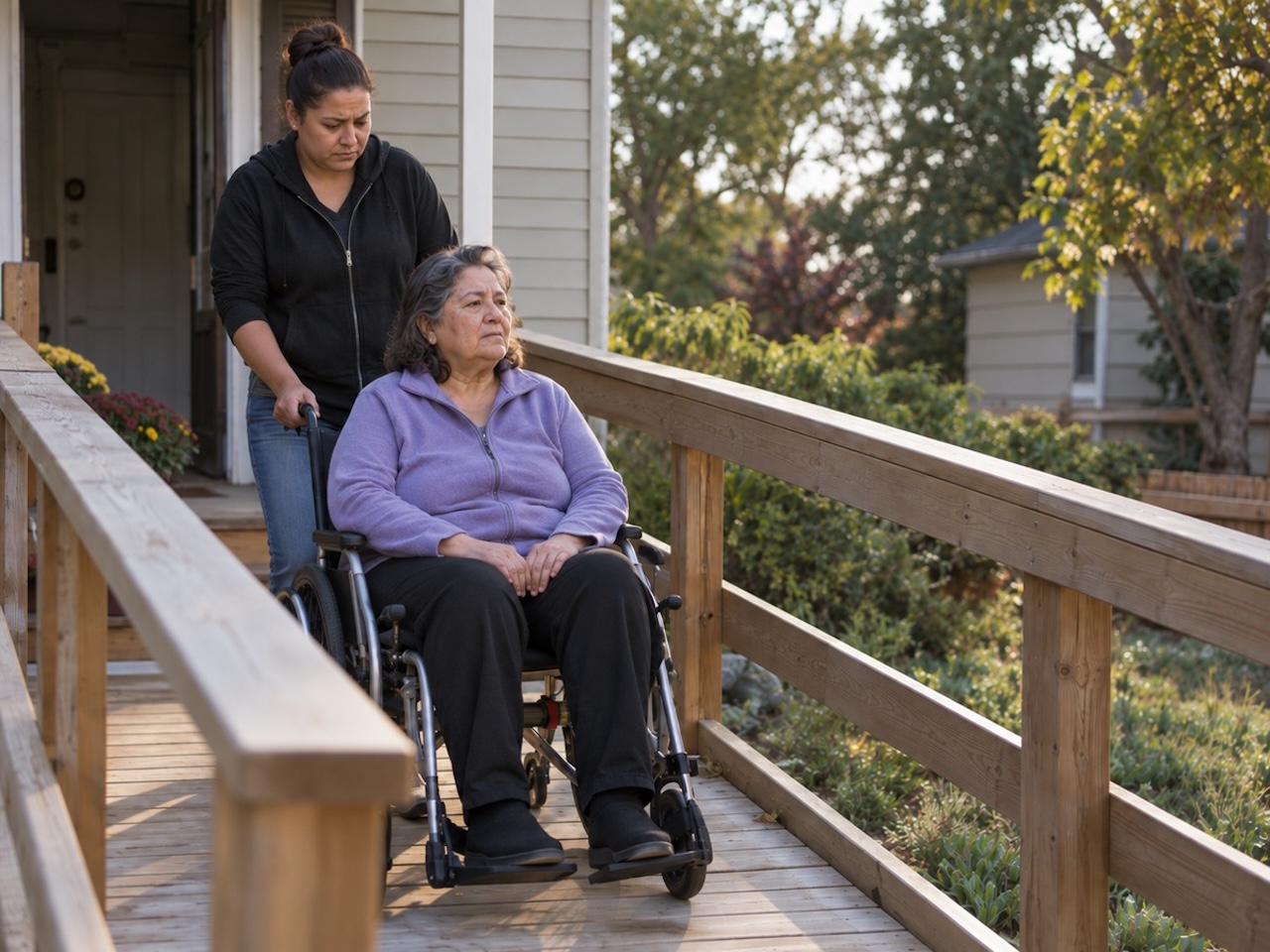 Adult child helping a parent in a wheelchair down a wooden ramp outside a home with serious expressions.