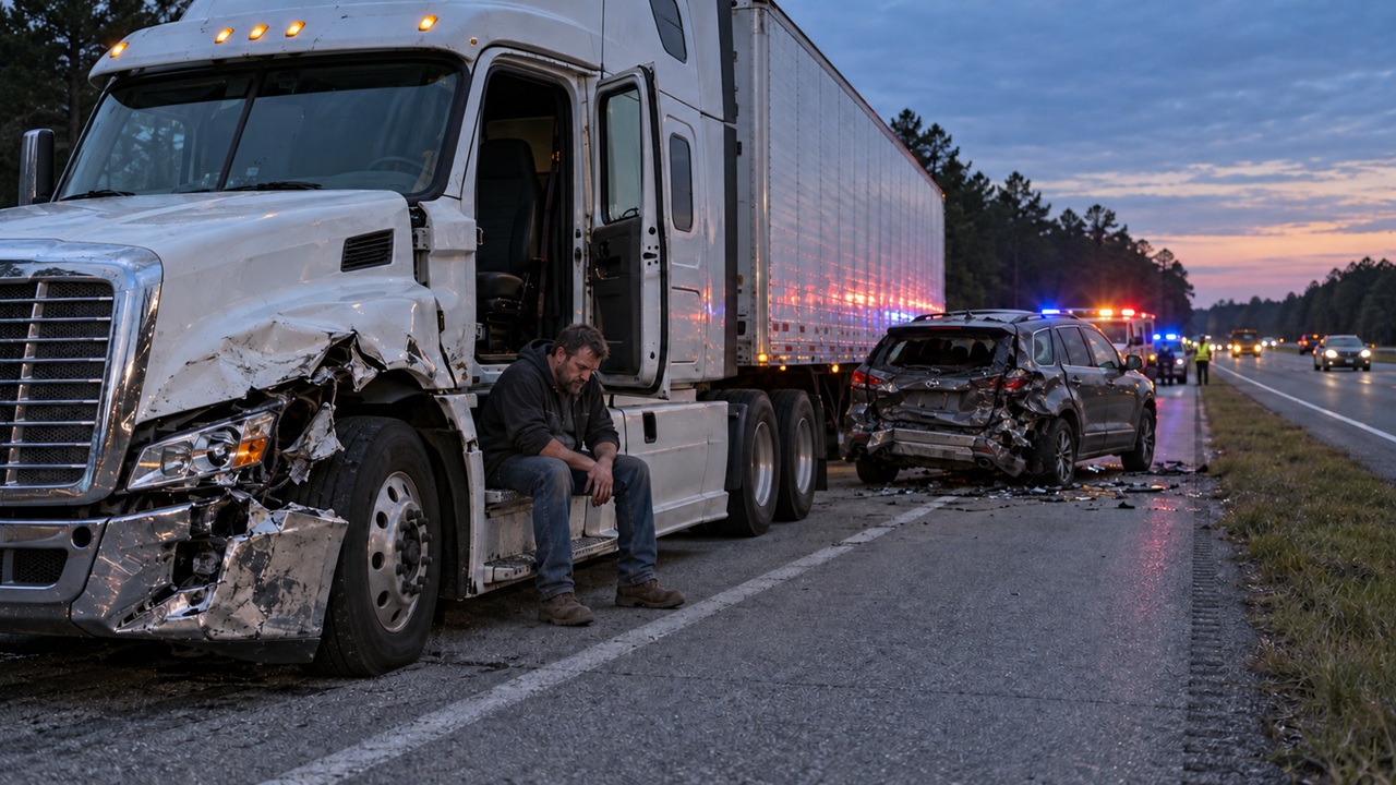 Truck driver sitting on his damaged cab's step beside a rear-ended SUV on an Alabama highway shoulder, with emergency lights in the background.